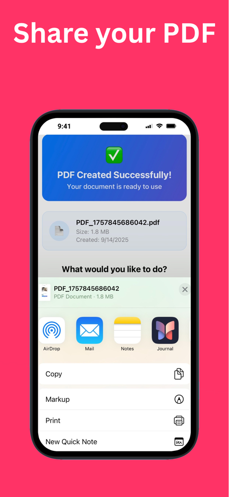 Photo to PDF Converter Maker - An iPhone screen displaying a success message for a created PDF and the iOS sharing menu