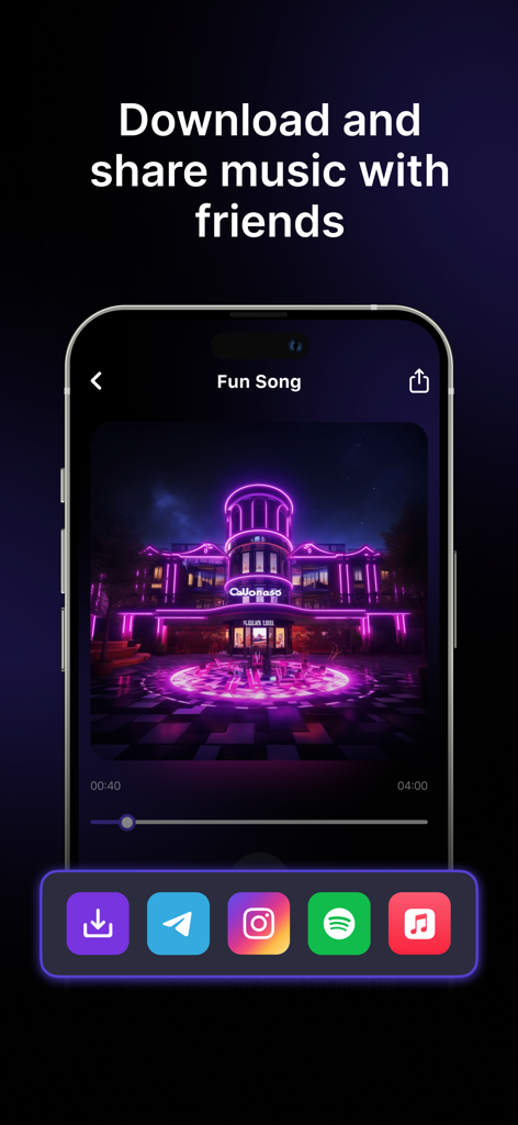 AI Song Generator: Make Cover - A mobile app interface displaying a generated song with options to download and share to Instagram, Spotify, and other platforms
