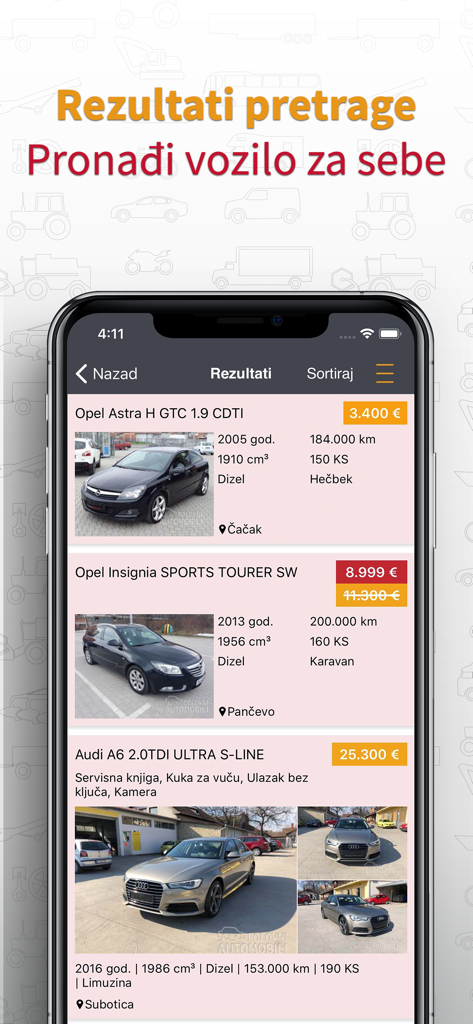 Mobile app interface showing search results for used cars in Serbia