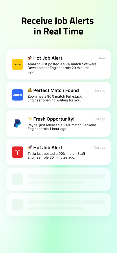 Jobright - AI Job Search - A series of mobile app notifications showing real-time job alerts and AI match scores from top tech companies.