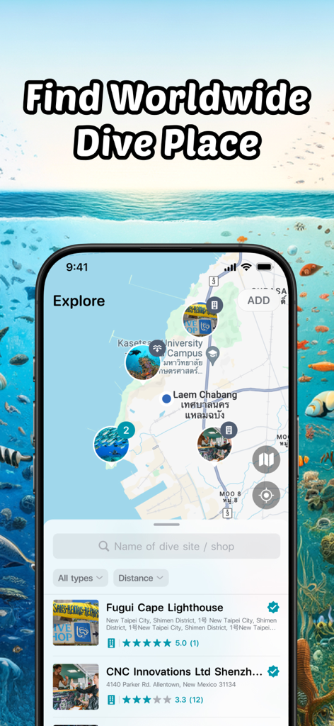 DIVEROUT-App-Oberfläche, die eine Karte zur Suche nach weltweiten Tauchplätzen und -geschäften anzeigt.