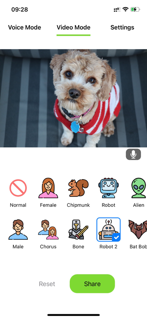 Voice Changer - Prank Call - Voice Changer app video mode interface showing voice filters like robot and chipmunk applied to a puppy video