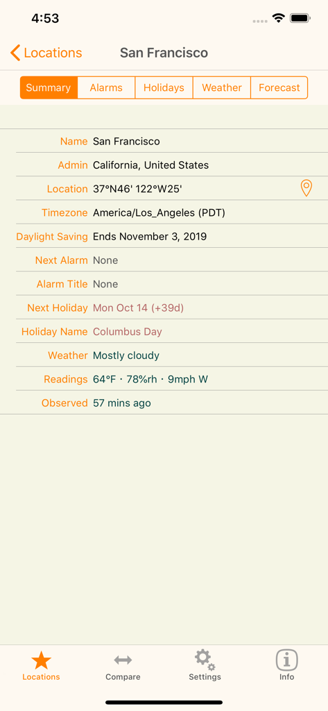 ZoneTrekker - World Clock - ZoneTrekker app screen showing location summary for San Francisco with timezone weather and holiday details