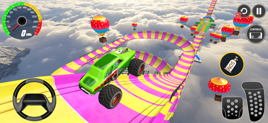 4x4 Monster Truck Racing Games - Green monster truck driving on a high altitude colorful mega ramp stunt track