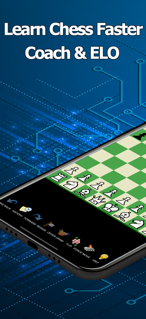 Interfaz de juego de ajedrez móvil con herramientas de entrenamiento y visualización de clasificación ELO