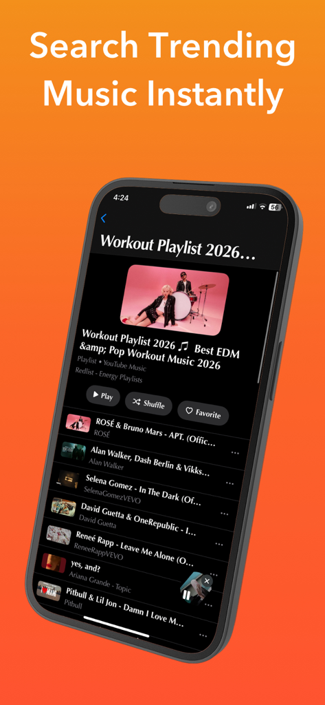 Interfaz de la aplicación Musi X que muestra una lista de reproducción de entrenamiento de 2026 con artistas de moda en la pantalla de un iPhone.