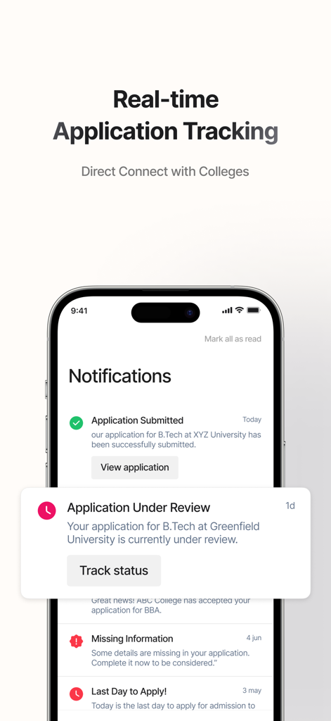 Appli - College Applications - 大学出願追跡とステータス更新のためのAppliアプリ通知を表示するスマートフォンの画面。