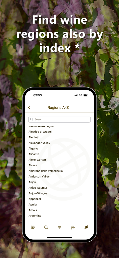 Alphabetical index of wine regions in the Wine Vintages app