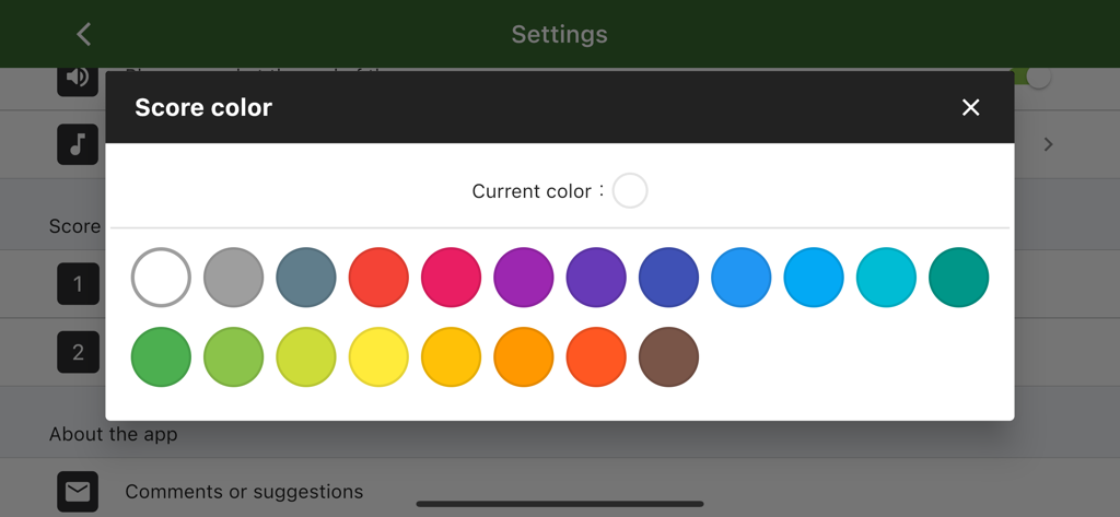 Easy Soccer Scoreboard - A color picker menu in the app settings for customizing the soccer scoreboard score color with various vibrant options.