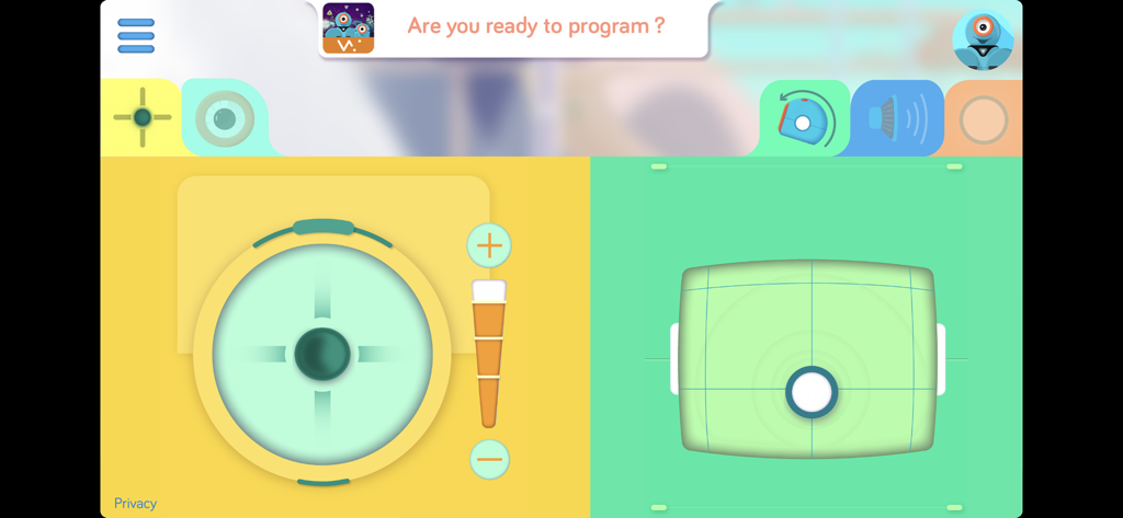 User interface of the Go app showing colorful remote control joysticks and sliders for Dash and Dot robots
