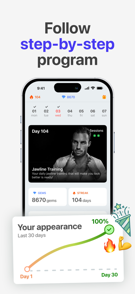 Jawline Exercises: Mewing Men - Mewing app interface with jawline training program and 30 day progress chart
