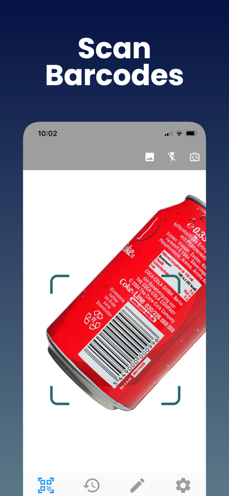 Mobile app interface showing the barcode scanning feature on a red aluminum can.