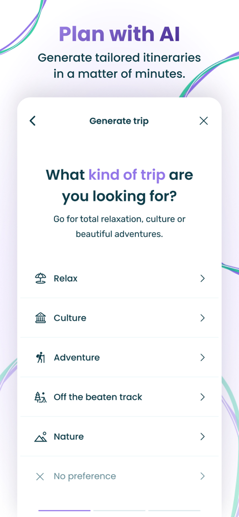 Bildschirm der Stippl-Mobil-App, der einen KI-Reiseplaner mit verschiedenen Reise-Stil-Kategorien wie Entspannung, Kultur und Abenteuer zeigt.