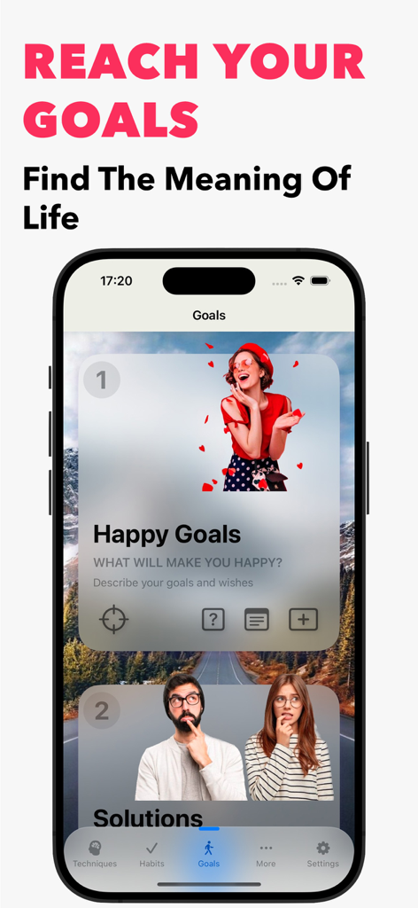 iHappy - Personal Happy Diary - A smartphone displaying the iHappy app goals section with happy goals and solutions cards