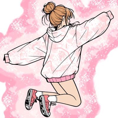 realistic girl jumping with a bun and oversized sweatshirt