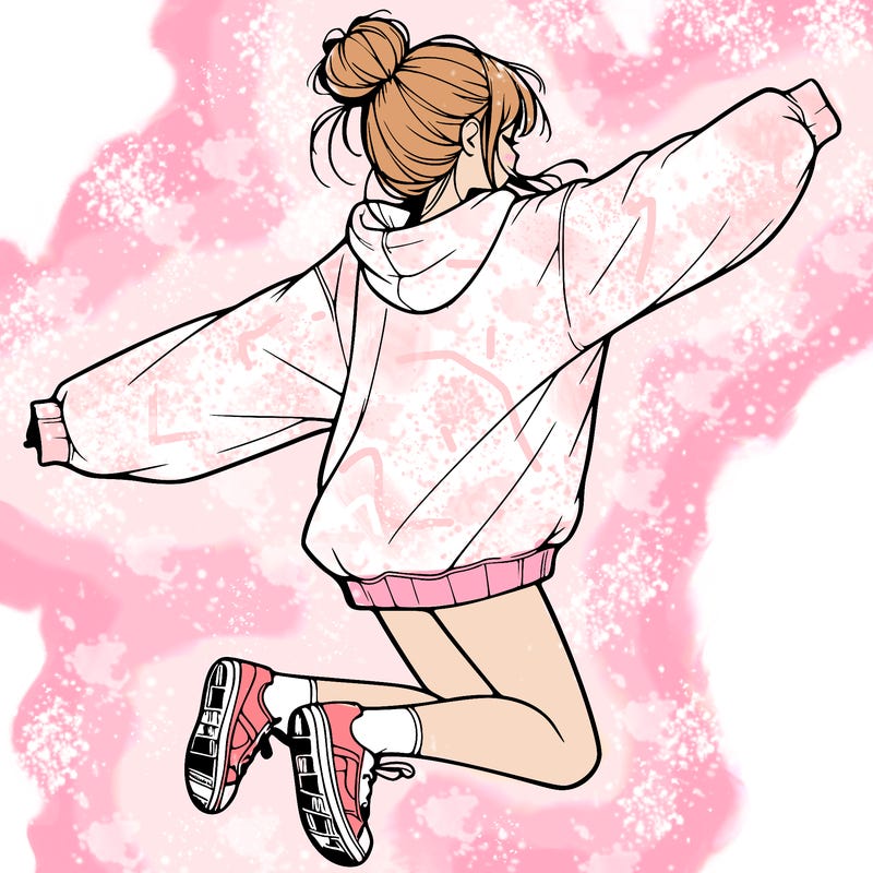 realistic girl jumping with a bun and oversized sweatshirt