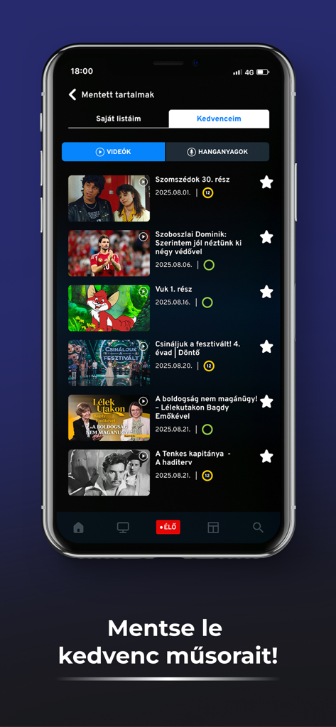 Interface of the MédiaKlikk app showing a list of favorite saved Hungarian TV shows and videos