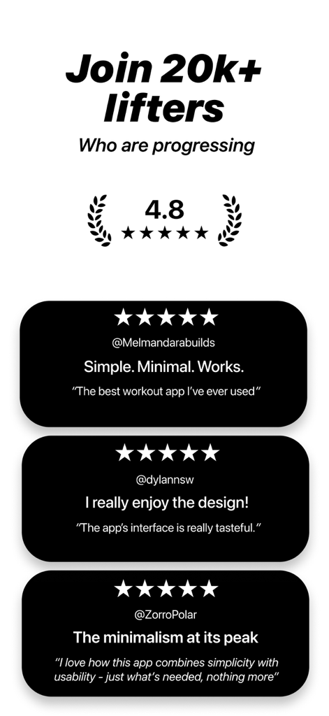 Una lista de reseñas positivas de usuarios para la aplicación rastreadora de entrenamiento Lift, destacando su diseño minimalista y simplicidad.