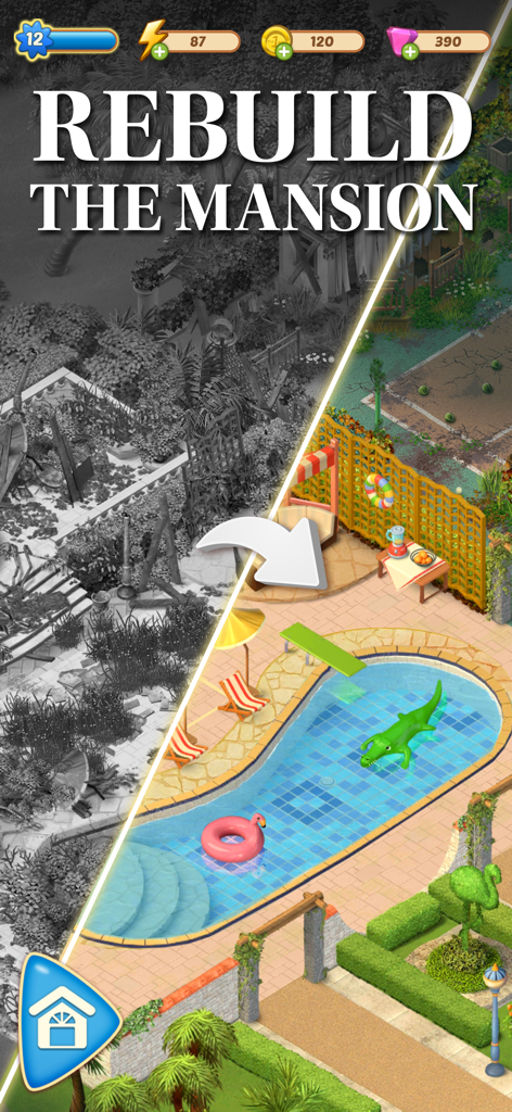 A split screen comparing a dilapidated garden area to a colorful renovated swimming pool in Merge Mansion