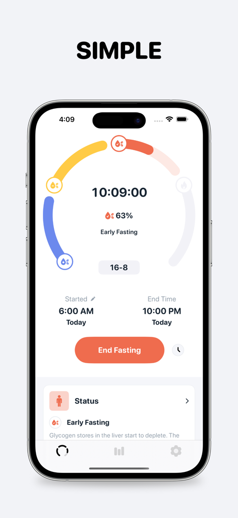 Easy Fast Tracker－FastMinder - Interface do cronômetro de jejum intermitente do aplicativo FastMinder mostrando um cronograma de jejum ativo de 16-8 com círculo de progresso e horários de início e fim