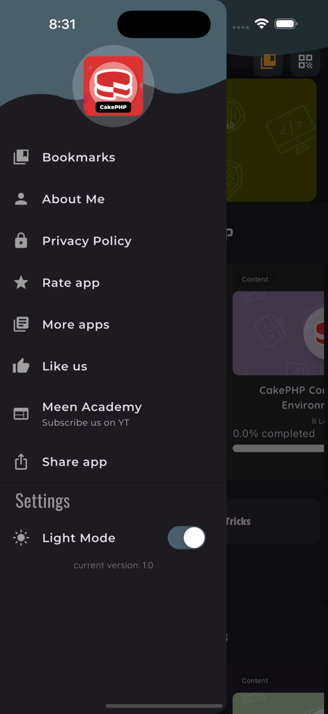 Sidebar navigation menu of the Learn CakePHP Framework app showing bookmarks and settings options.