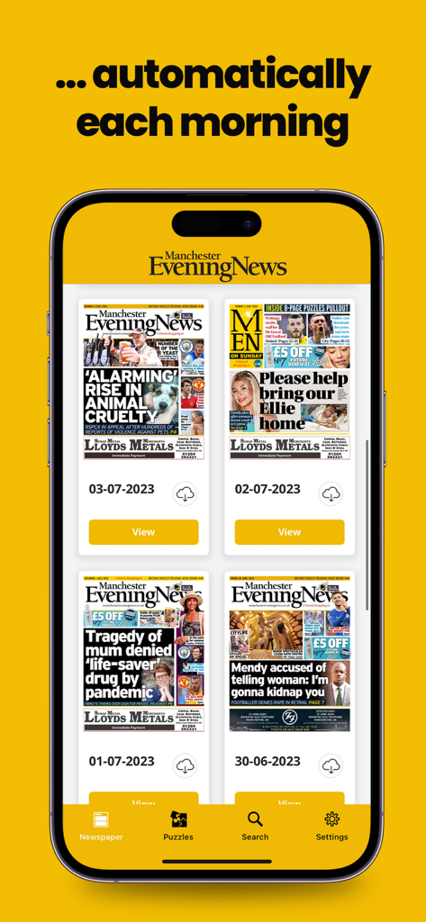 Interfaz de la aplicación Manchester Evening News mostrando una lista de ediciones recientes del periódico digital en un teléfono inteligente.