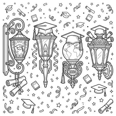 Light up your graduation celebrations with this intricate coloring page featuring beautifully adorned wall sconces. Each lantern glows with academic pride, surrounded by symbols of achievement and joy.