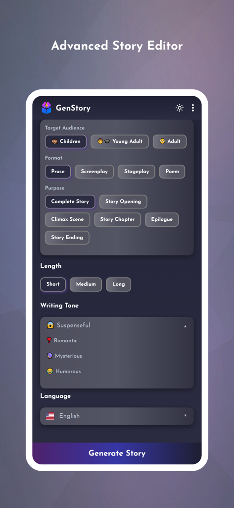 GenStory: AI Story Creator - Configurações avançadas de personalização de história no GenStory, incluindo opções de público, formato, duração e tom de escrita