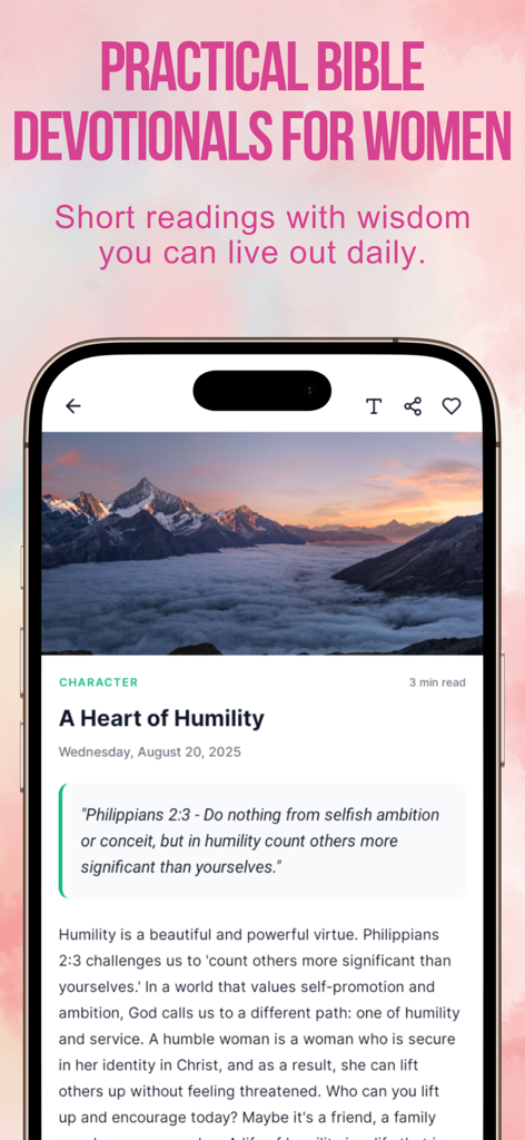 Aplicativo de devocional bíblico diário para mulheres mostrando uma reflexão sobre humildade com um fundo de montanha
