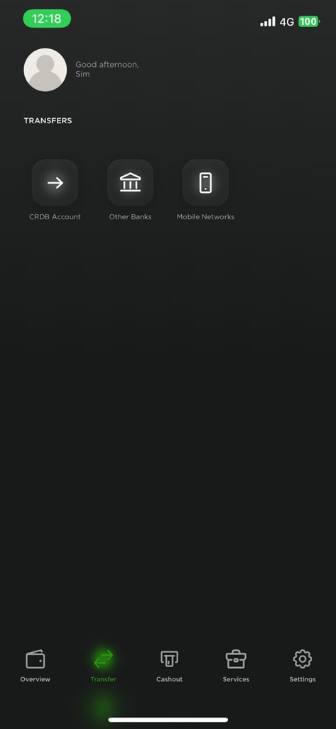 CRDB BANK SIMBANKING BURUNDI - CRDB Bank SimBanking Burundi app transfer options screen
