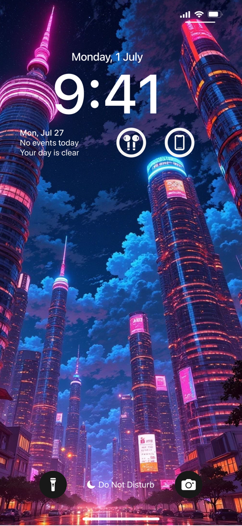 Wallpaper Maker: AI Background - Fondo estético de ciudad cyberpunk con luces de neón en una pantalla de bloqueo móvil