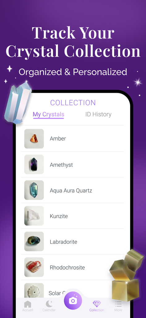 Interface do aplicativo Crystalyze mostrando uma lista personalizada de cristais em uma coleção.