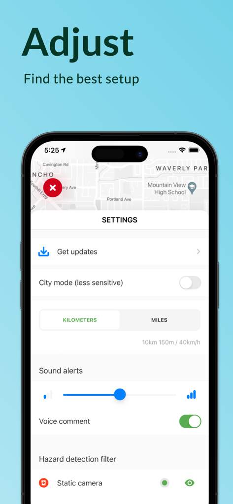 Speed Cameras Radar Detector - Settings screen of the Speed Cameras Radar Detector app showing alert customization and volume control