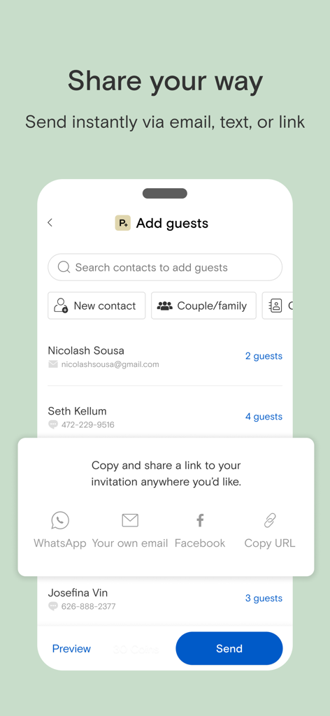 Paperless Post: Invitations - Paperless Post app screen showing guest management and invitation sharing options via email and social media