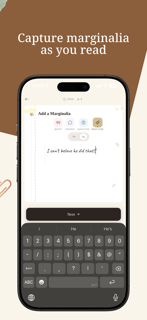 Book Tracker & Journal - Alia - Interface for capturing marginalia and thoughts in the Alia reading journal app.