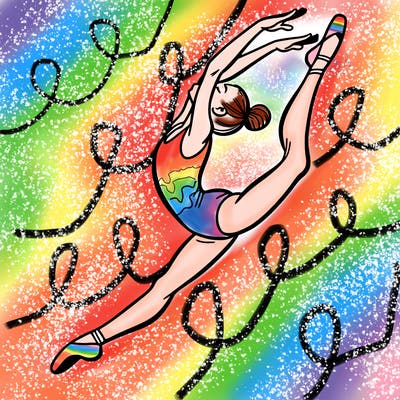 gymnast doing a leap in a leotard with a bent back leg