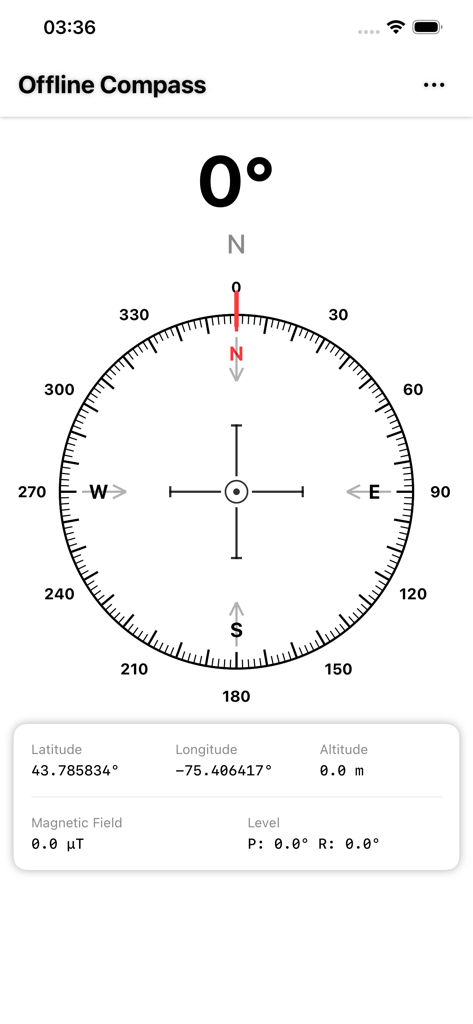 Offline Compass - A minimalist digital compass interface showing direction degrees and GPS coordinates