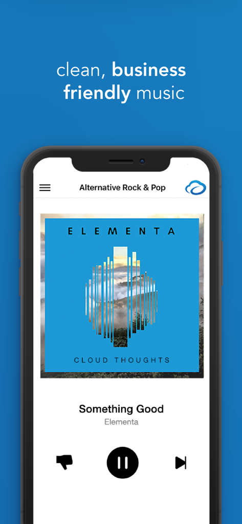Pandora CloudCover - Pandora CloudCover mobile app interface displaying a music player for clean and business friendly music stations