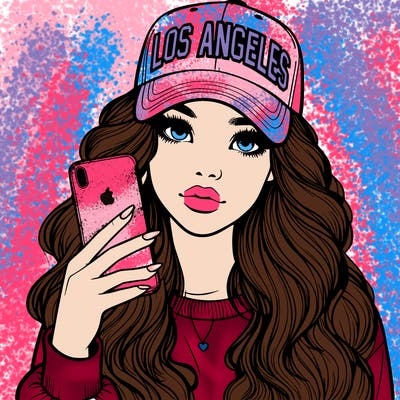 realistic beautiful girl wearing los ángeles cap holding an iphone