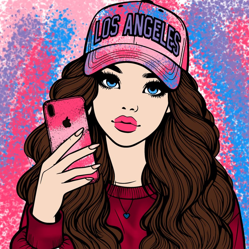 realistic beautiful girl wearing los ángeles cap holding an iphone