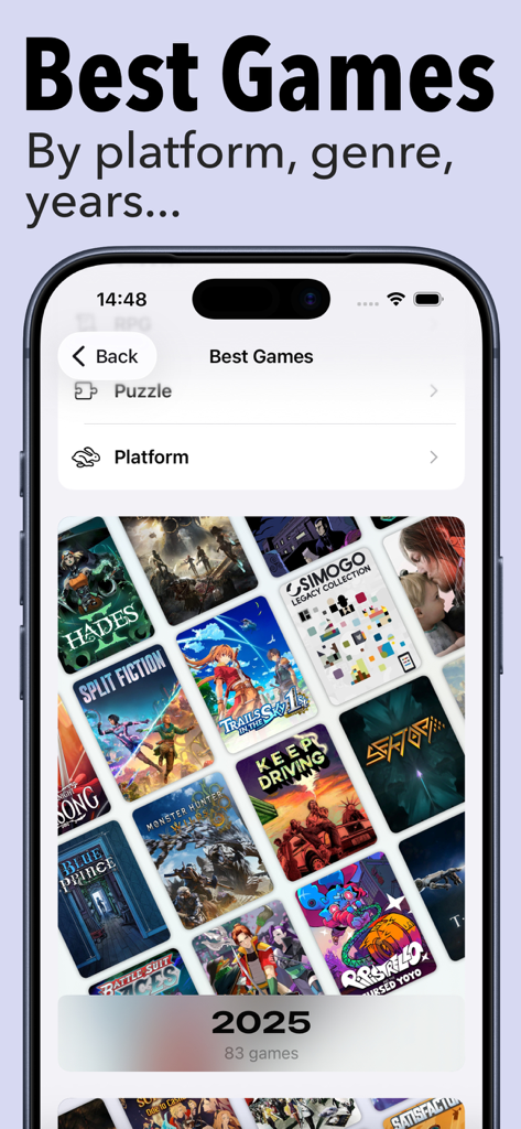 GamingBuddy: Game Tracker - Screenshot of the GamingBuddy app showing the Best Games screen with filters for genre and platform and a grid of game covers for 2025 releases