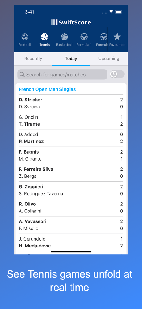 SwiftScore - Sports LiveScores - SwiftScore mobile app interface showing live tennis match scores for the French Open Men's Singles.