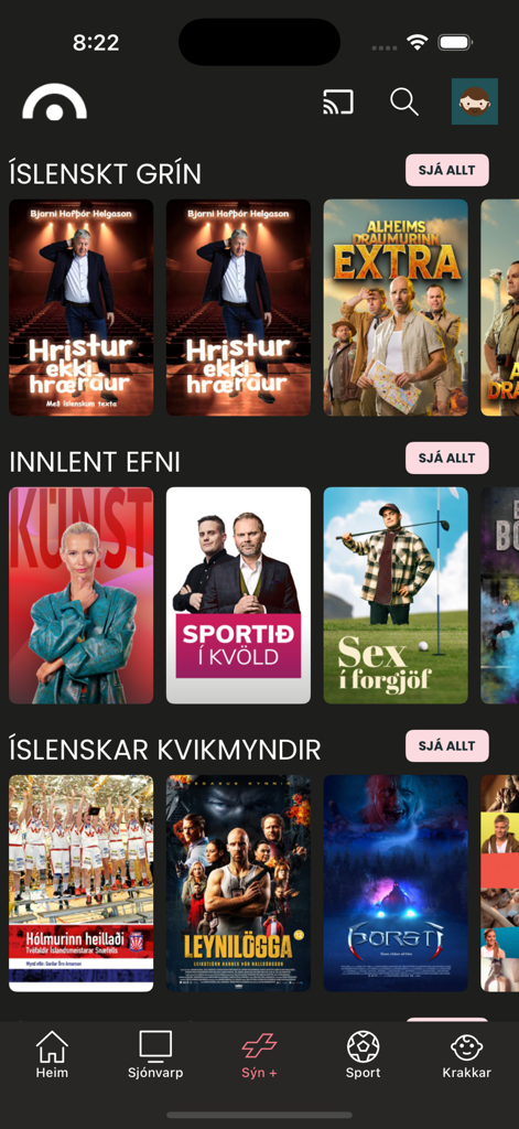 SÝN Sjónvarp - SÝN Sjónvarp mobile app home screen showing Icelandic comedy, domestic content, and movie categories