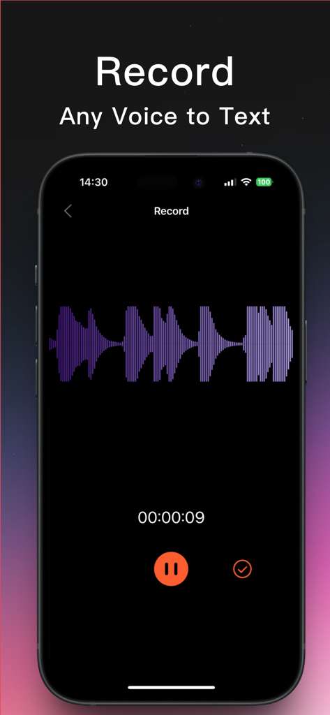 Transcribe - Voice to Text App - Mobile app interface showing a voice recording in progress with a purple waveform and timer