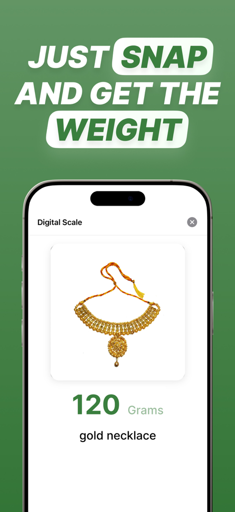 Mobile app interface showing the AI weight estimation of a gold necklace in grams