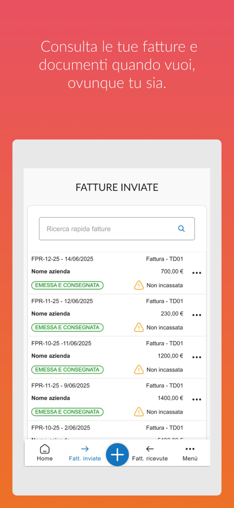 Aruba Fatturazione Elettronica - Pantalla de la aplicación móvil mostrando una lista de facturas enviadas y su estado.