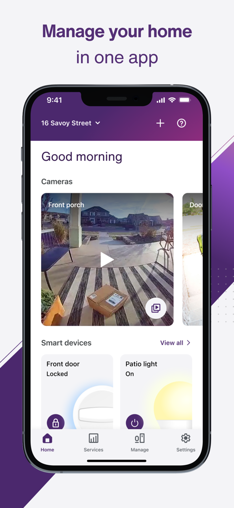 TELUS SmartHome plus app dashboard showing a front porch camera feed and smart home device controls for locks and lights