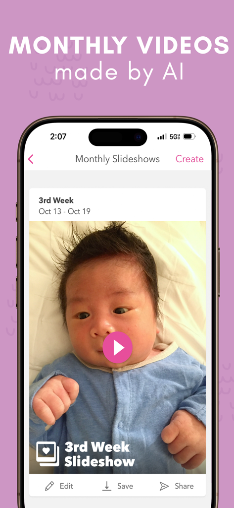 iPhone screen showing an AI-generated baby milestone video slideshow in the Precious app