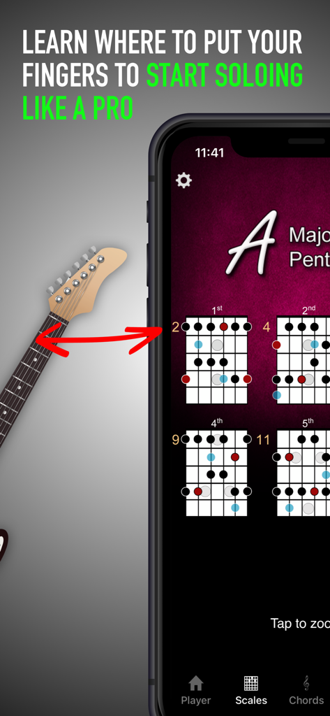 JamTracks+ Learn & Play Guitar - Visual guitar scale charts and finger positions for soloing on an iPhone screen