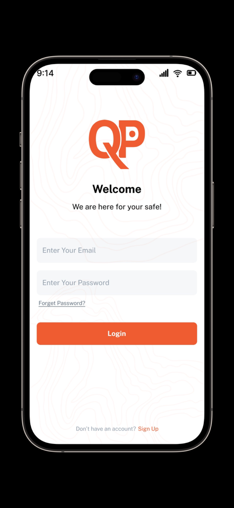 Quick Pass - Pantalla de inicio de sesión de la aplicación móvil Quick Pass con campos de correo electrónico y contraseña para el acceso seguro a la comunidad privada.